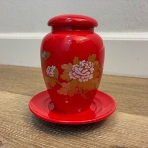 Teavana Red Porcelain Tea Jar Canister w Lid & Saucer Floral Gold Design
